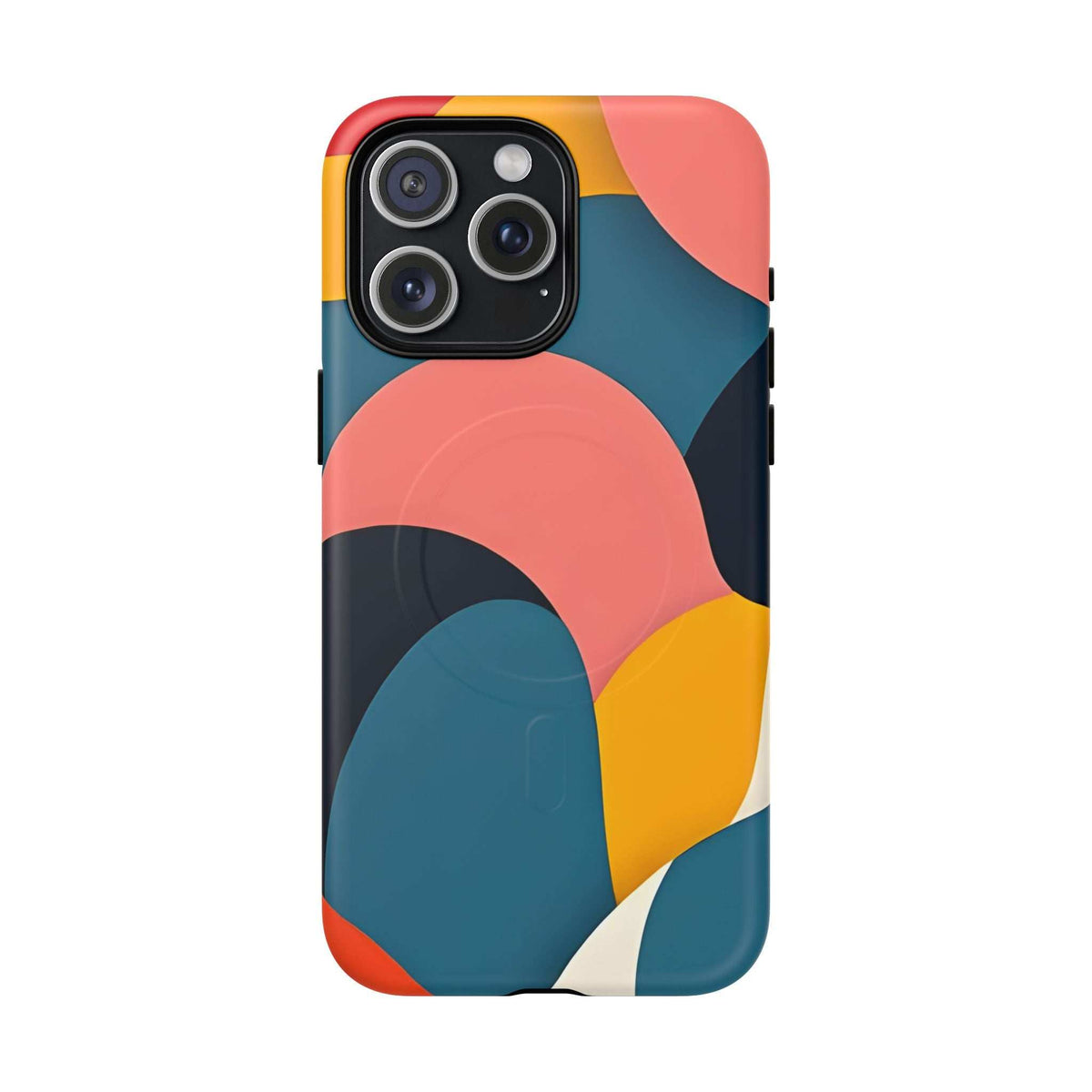 Colorful abstract art phone case with teal and coral curves and camera cutout