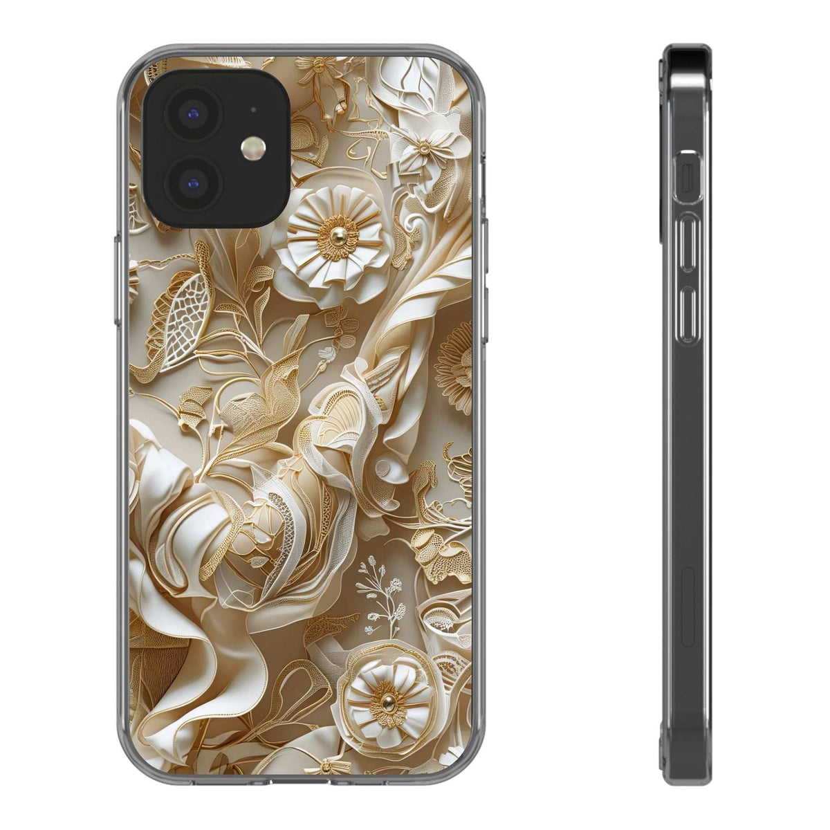 Clear phone case with gold and cream flower pattern, side view and back
