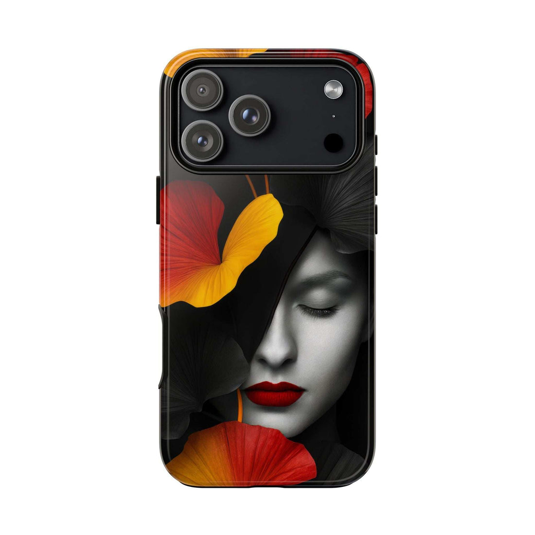 Glossy phone case in black with face artwork and flower pattern, cutouts for cameras