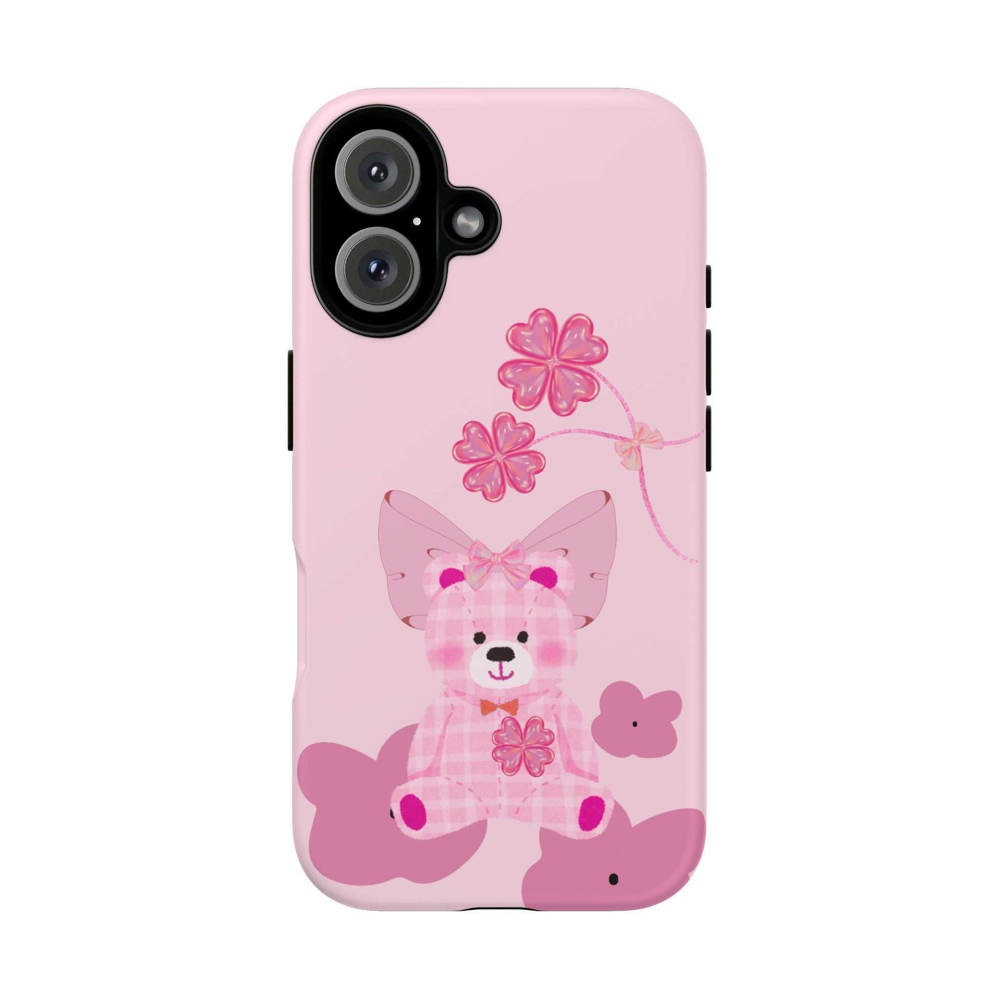 Pink phone case with teddy bear and pink flower accents, camera cutouts visible.