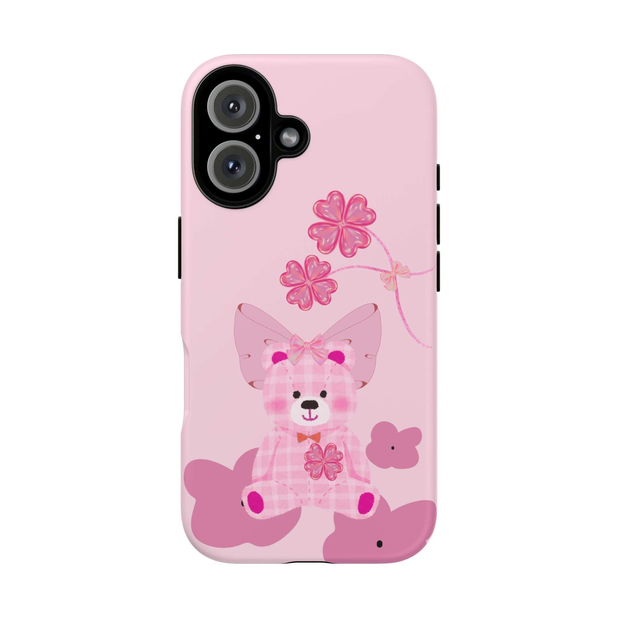 Pink phone case with teddy bear and pink flower accents, camera cutouts visible.