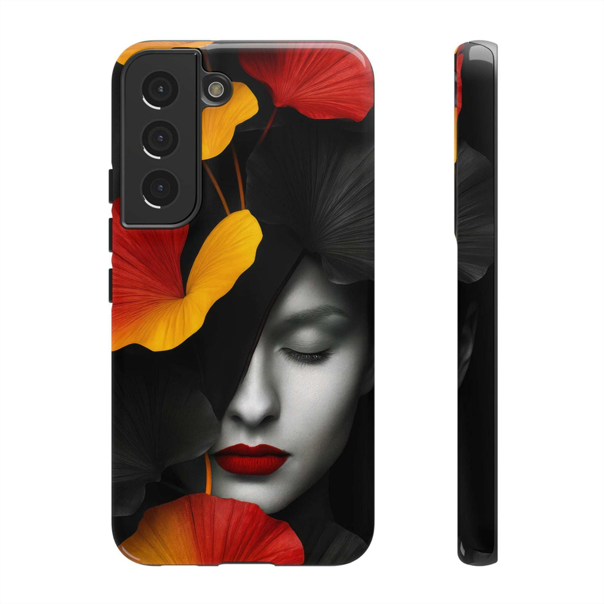 Glossy phone case with black floral face art, red lips, and camera cutouts