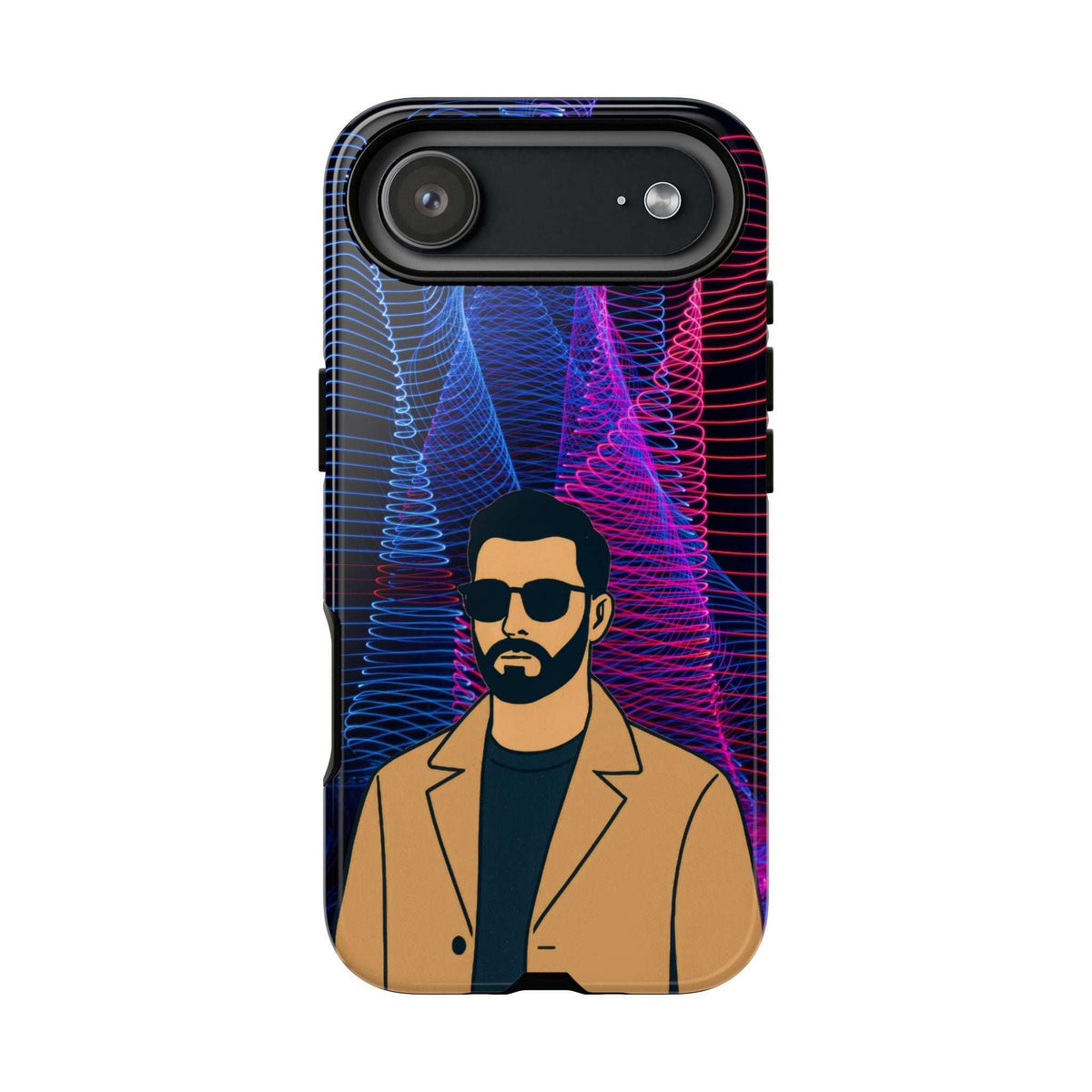 Glossy phone case with bearded man portrait and neon blue and magenta lines; single camera