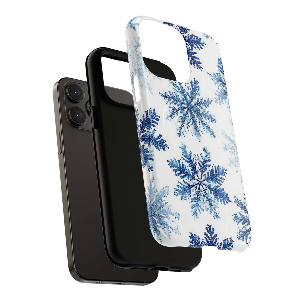 Snowflake phone case in white with blue flake pattern and camera lens cutouts