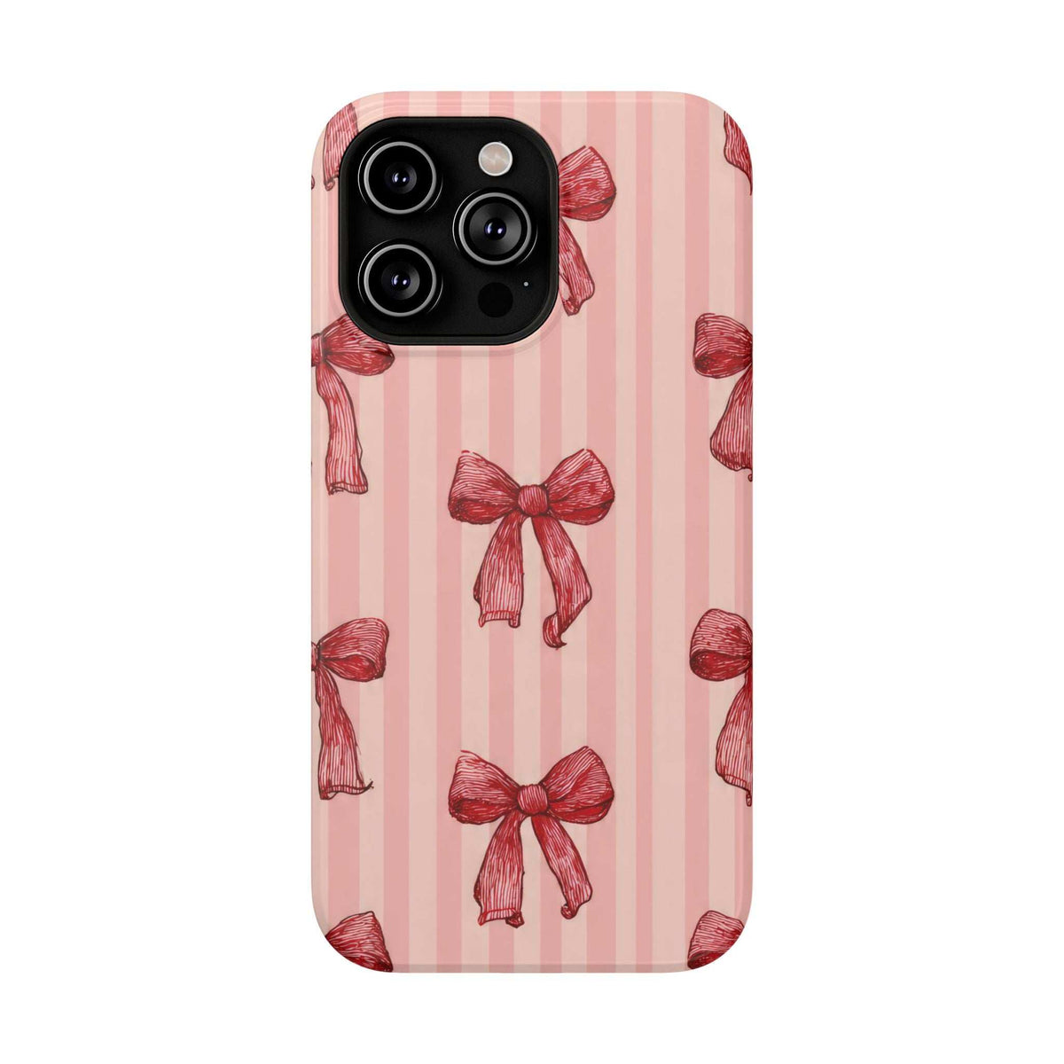 Pink striped case with red bow illustrations; triple-lens camera cutout