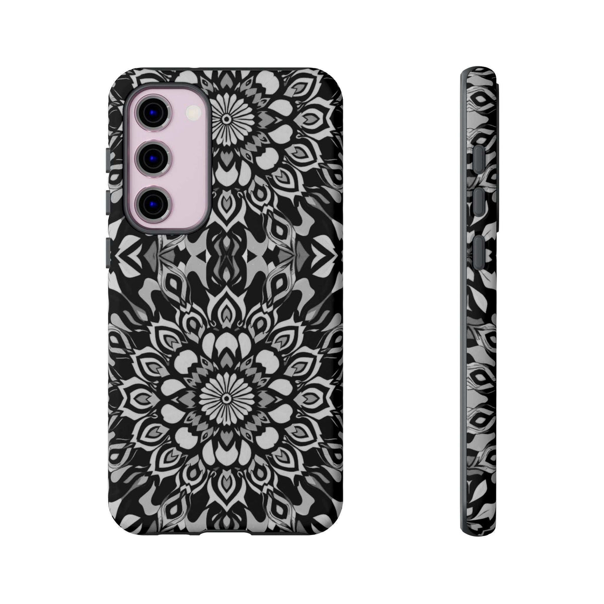 Mandala phone case with black-and-white floral mandala pattern and visible camera bump