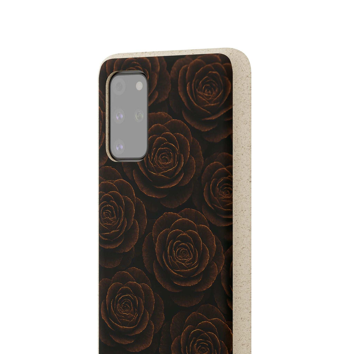 Wooden rose-pattern phone case, dark floral design with cutout for multi-camera module