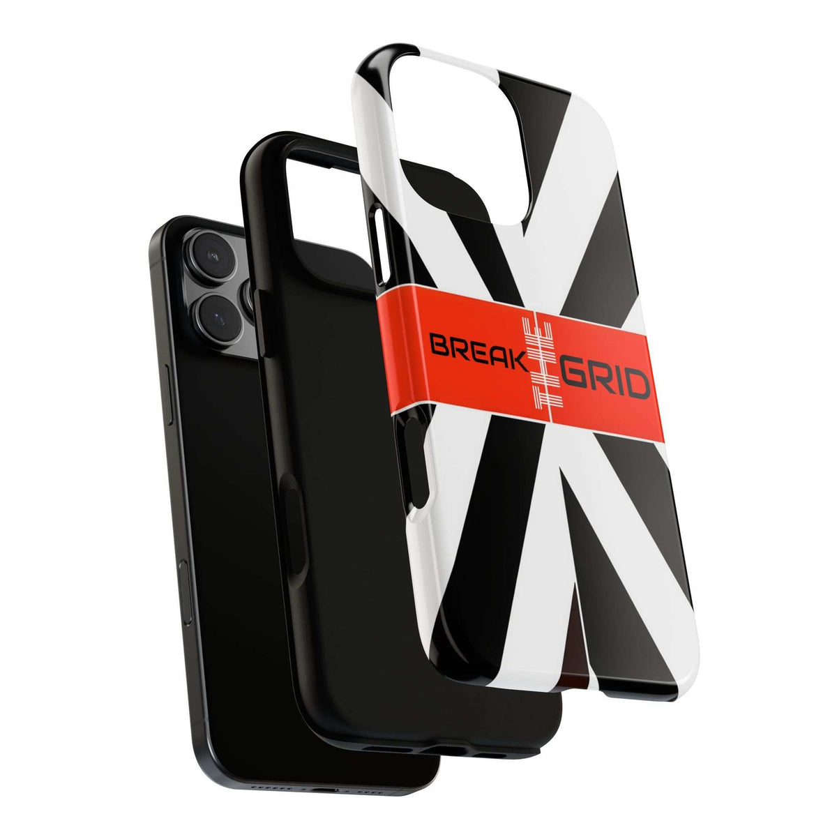 Break Grid phone case angled view with front and back, black-and-white geometric design and orange band