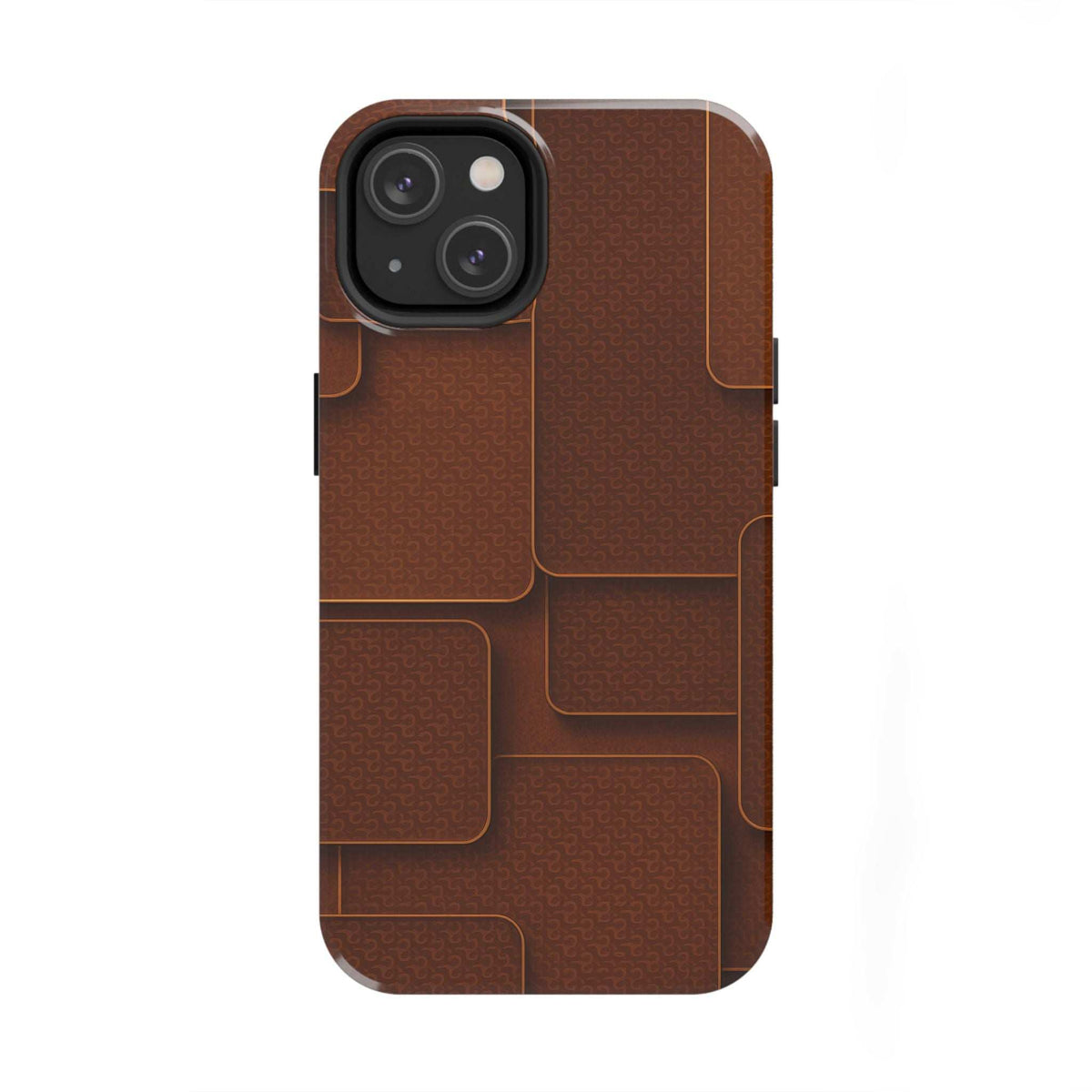 Brown textured phone case with raised camera module cover and molded panel design