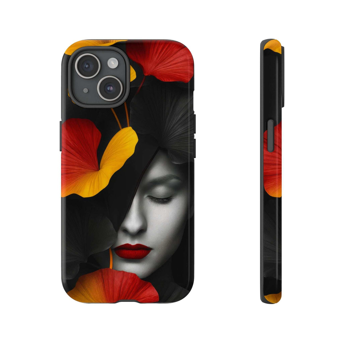 Glossy phone case with face artwork and red/yellow flower design, camera cutouts.