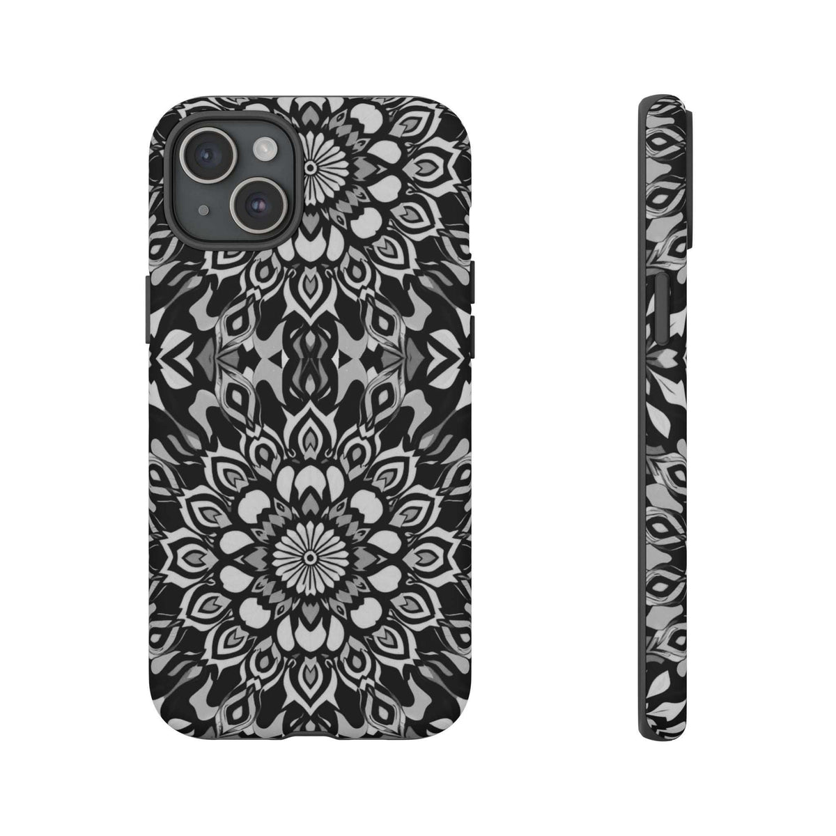 Mandala phone case with black-and-white mandala pattern, dark camera housing and side view