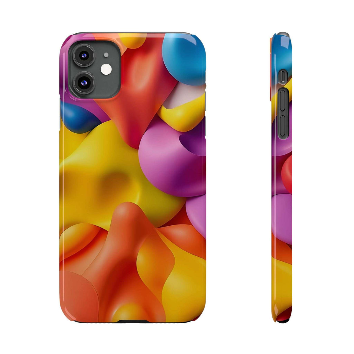 iPhone phone case front and side view with vibrant abstract multicolor pattern
