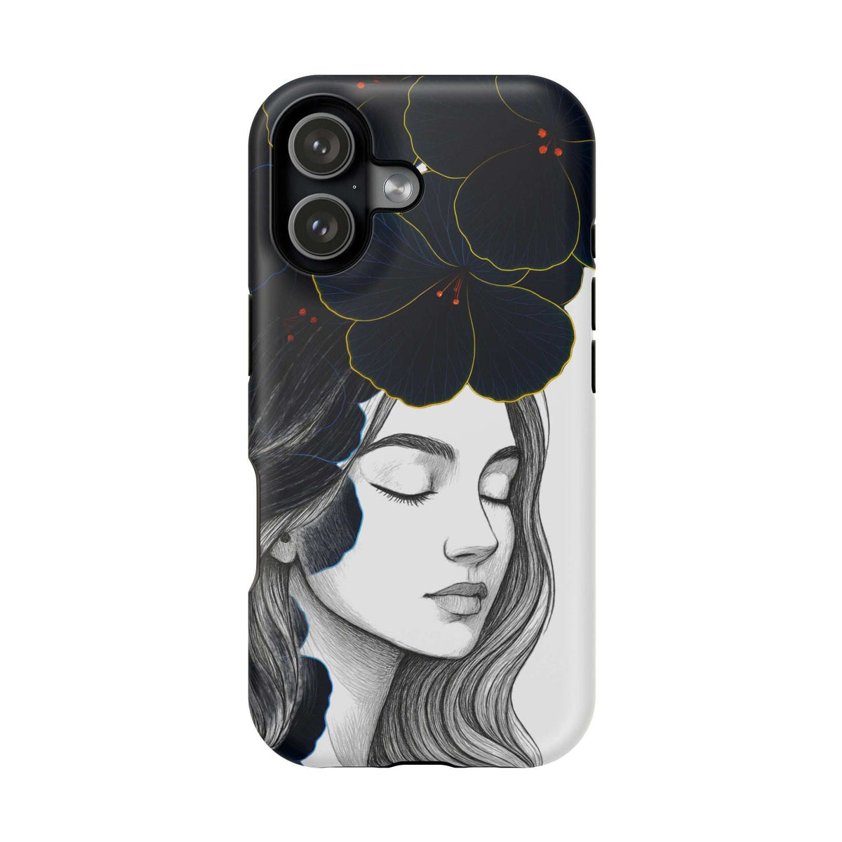 Phone case with dark floral illustration of a woman, blue petals, and camera cutouts