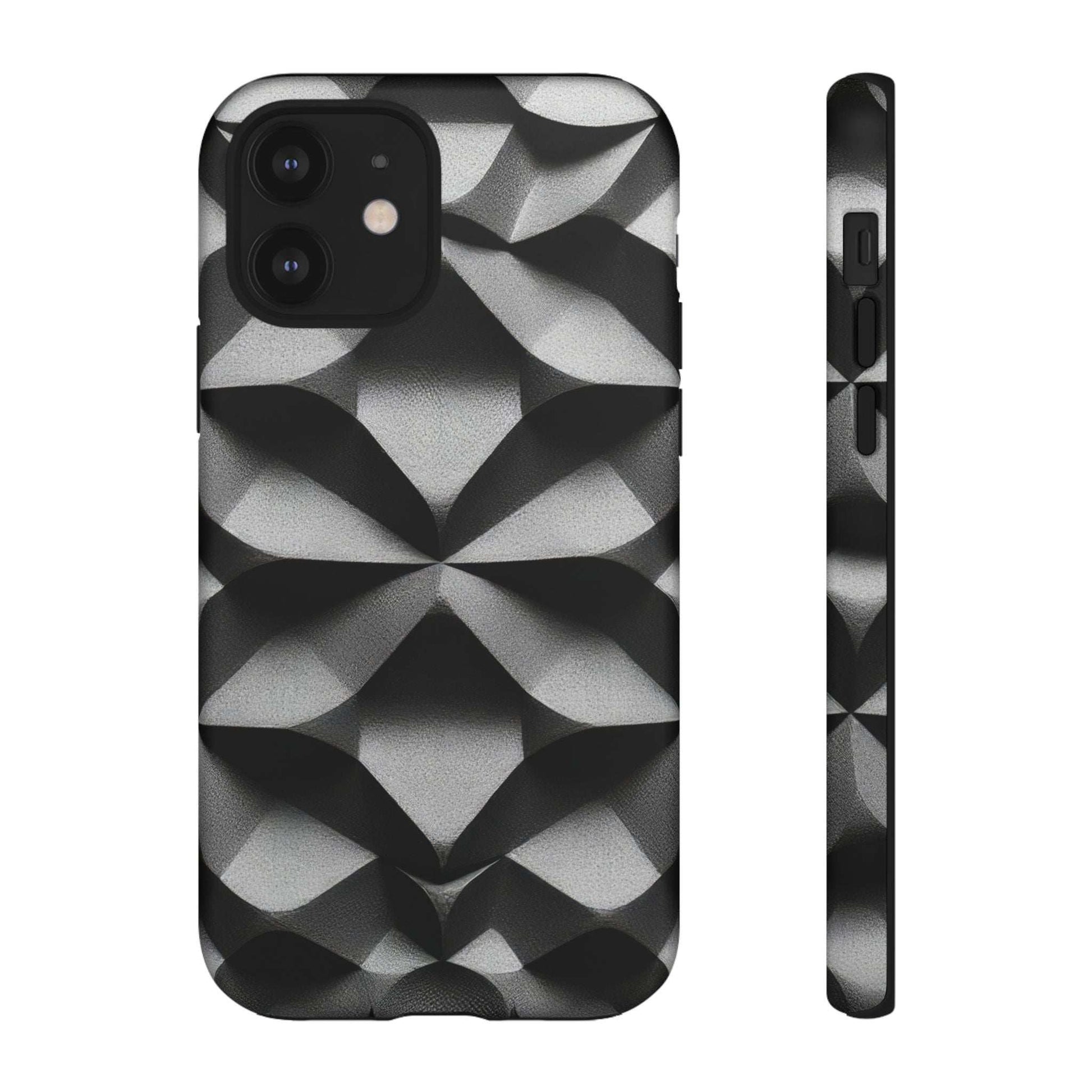 Black phone case with geometric diamond pattern, camera cutouts and protective bumper