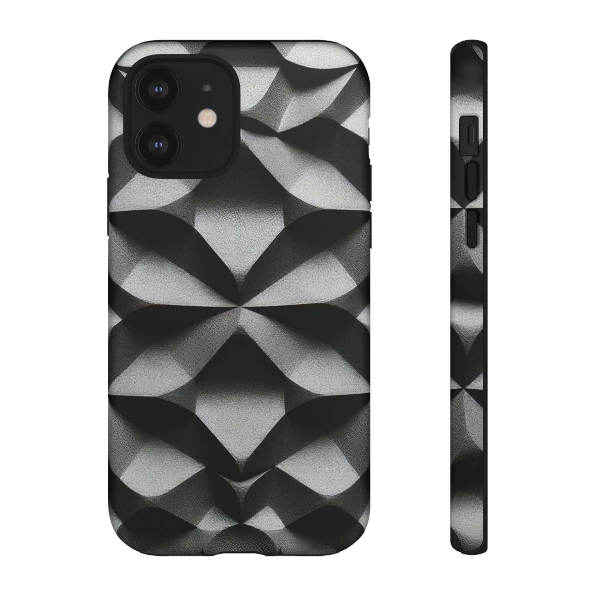 Black phone case with geometric diamond pattern, camera cutouts and protective bumper