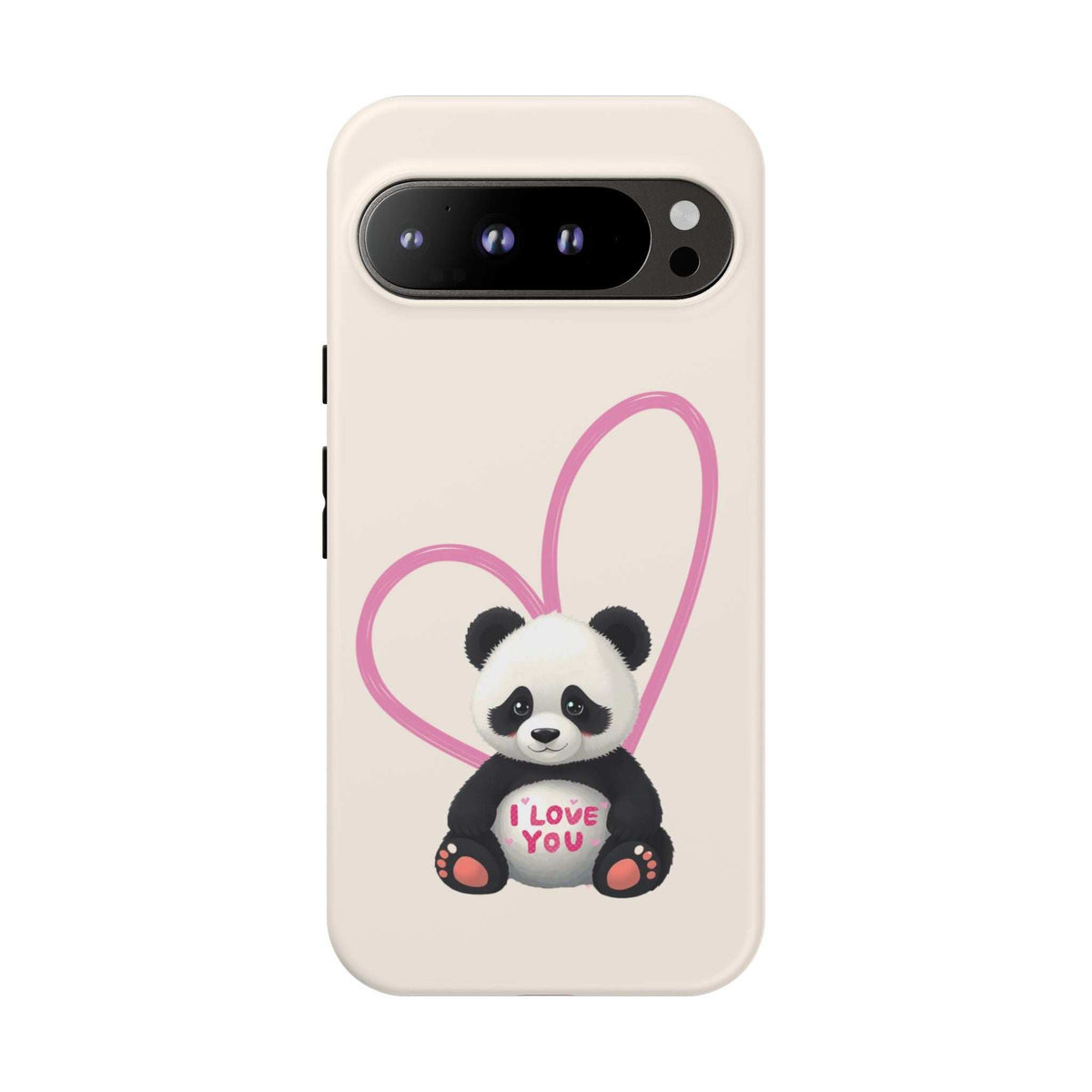 Cream phone case with panda illustration framed by a pink heart