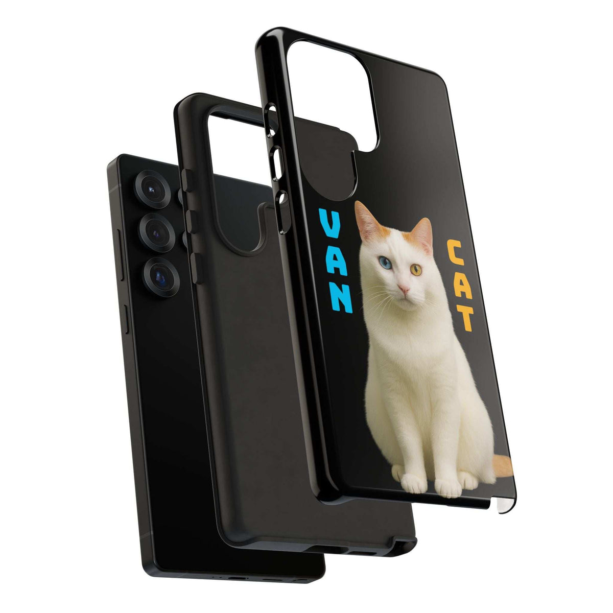 Black phone case with cream cat graphic shown from multiple angles with camera cutouts