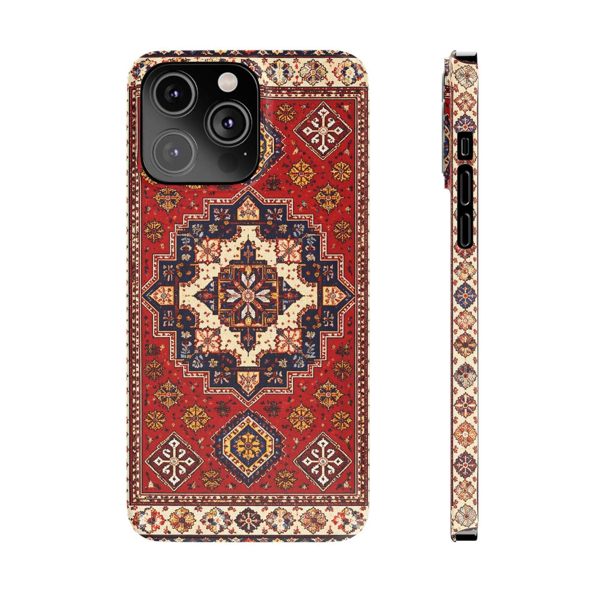 Phone case with red, blue and beige patterned rug design; front camera lenses and side