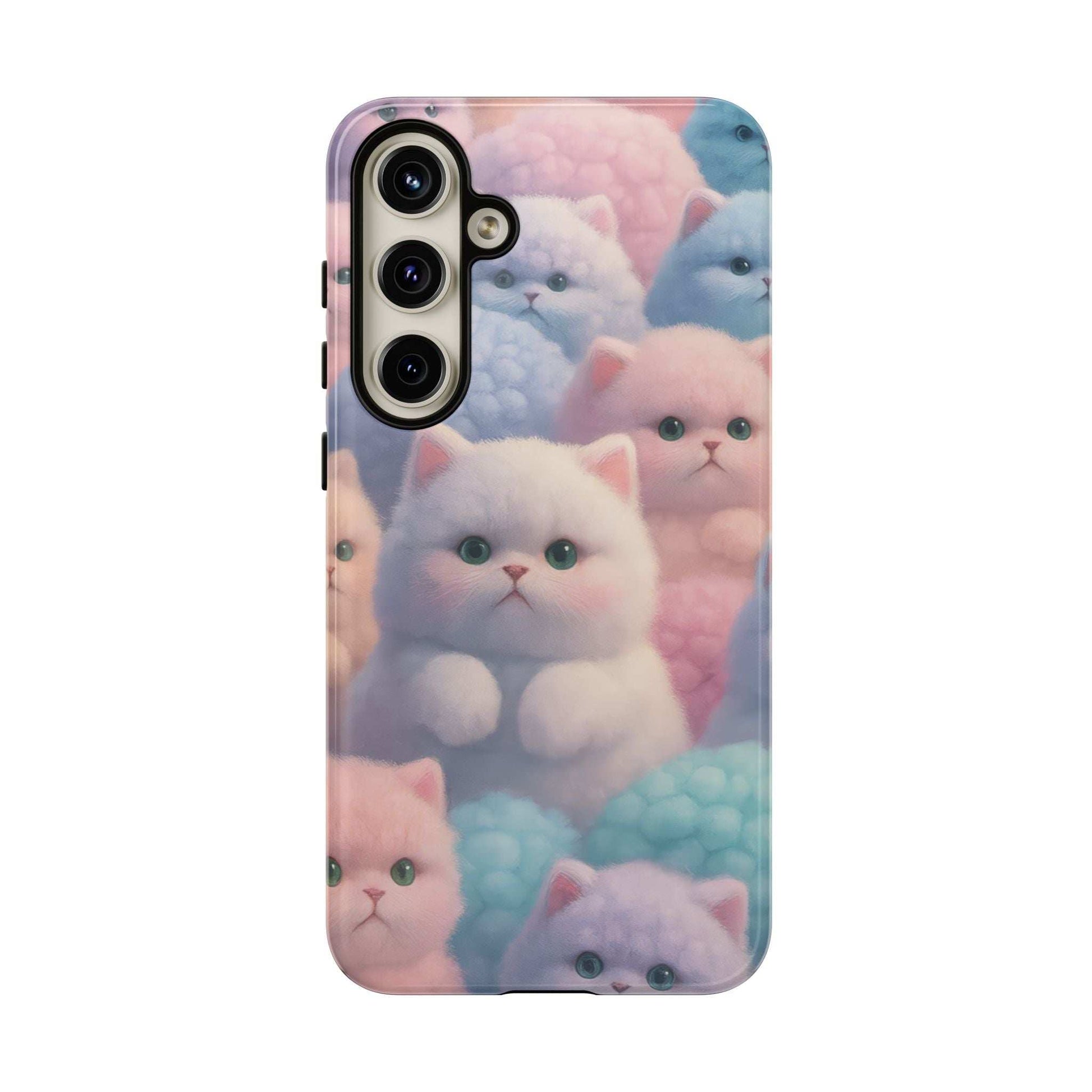 Glossy pastel kitten phone case with centered cat faces, front camera area visible