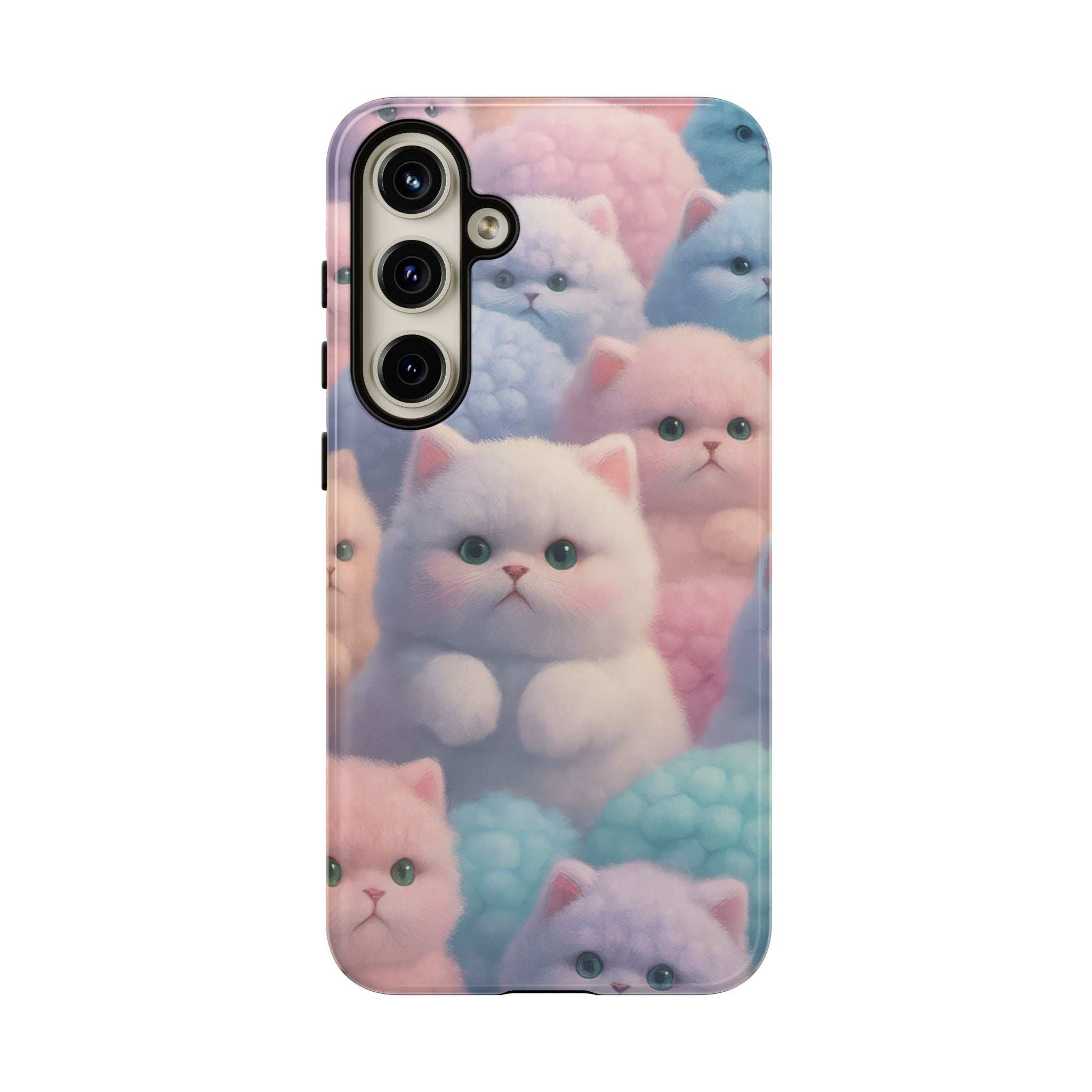 Glossy pastel kitten phone case with centered cat faces, front camera area visible