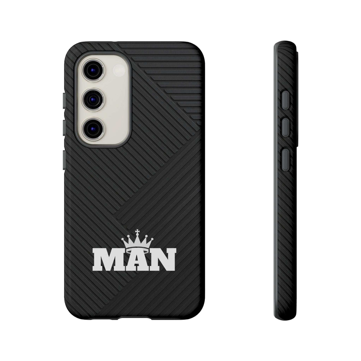 Black phone case with MAN logo; diagonal textured design and camera cutout on back.