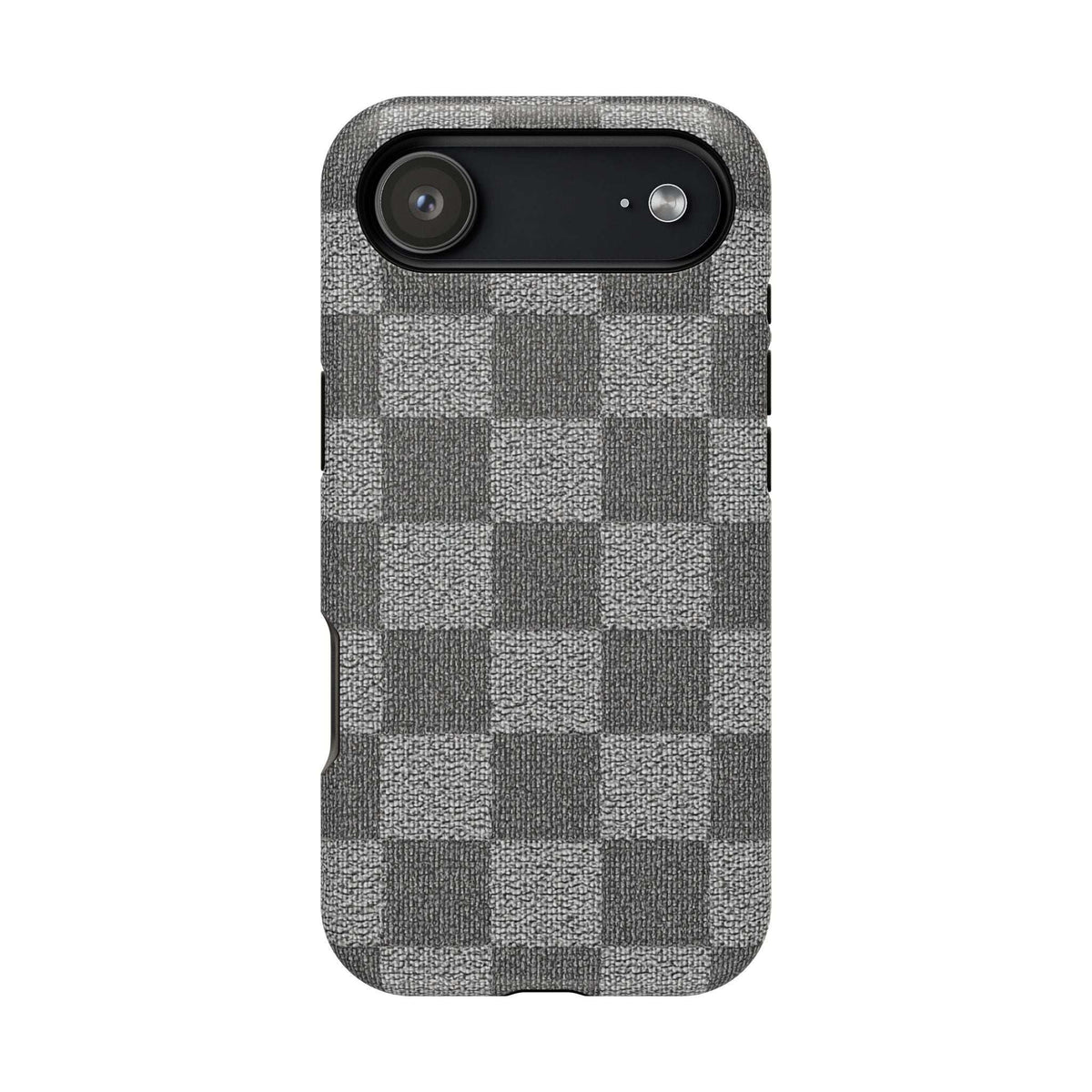 Gray checkered phone case with single-camera top bar on textured fabric