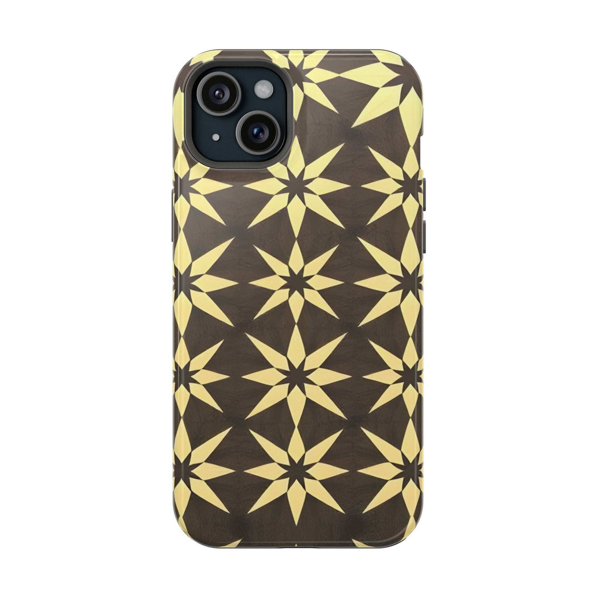 Black and gold star geometric phone case with dual camera cutouts