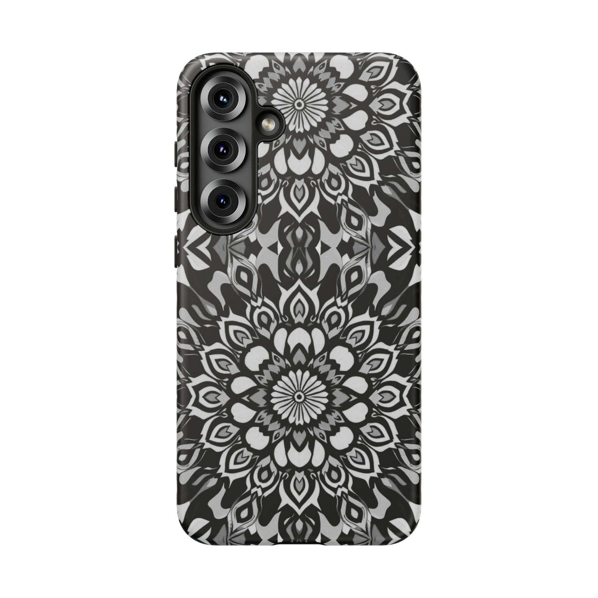 Mandala phone case with black-and-white floral pattern and raised camera cutouts