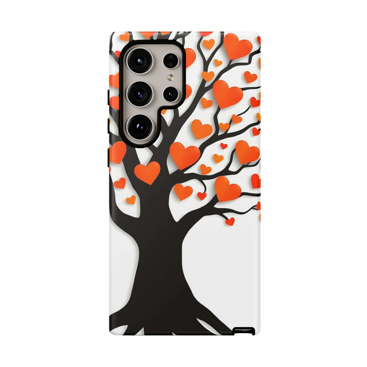 Heart tree phone case with orange and red hearts, black tree silhouette, triple cameras