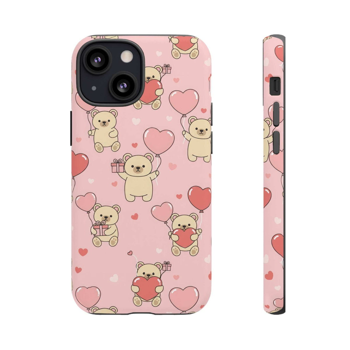Pink teddy bear phone case with heart pattern, front view with detailed teddy designs