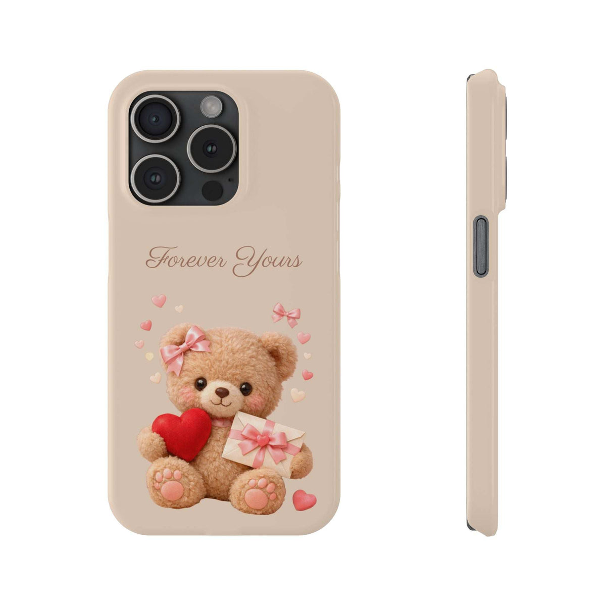 Beige phone case with teddy bear, red heart, and gift box; camera cutouts and side view.