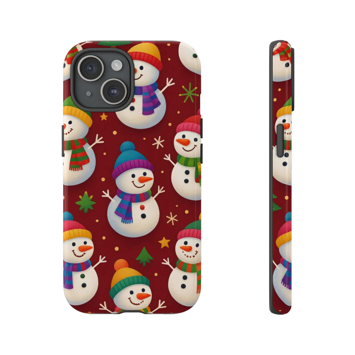 Glossy phone case front with maroon snowmen, hats and scarves; raised camera openings.