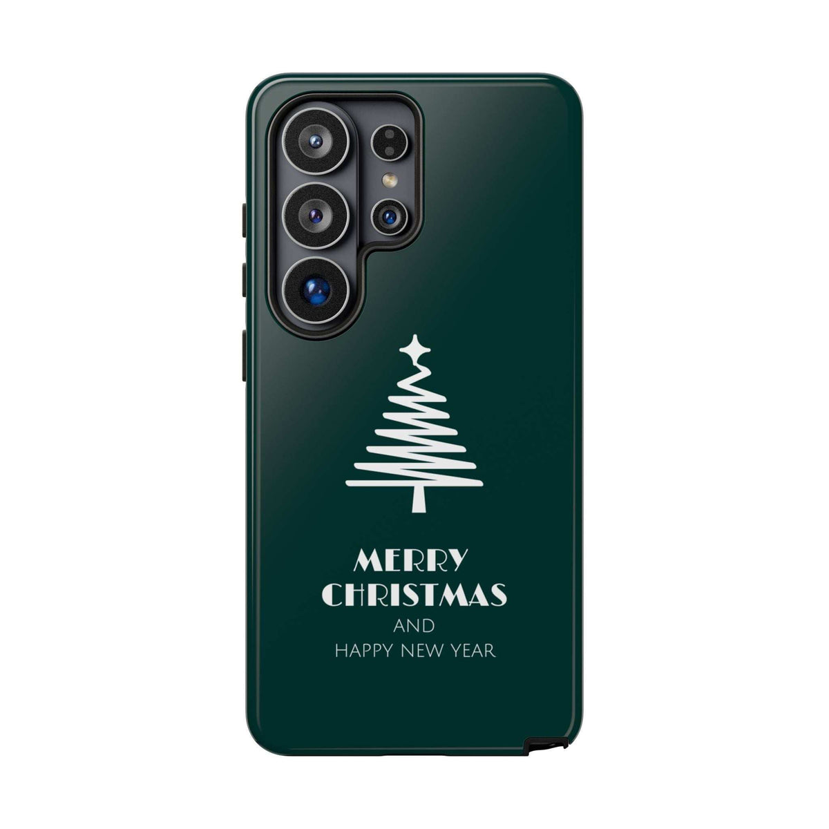 Green phone case with Christmas tree design, Merry Christmas text, and camera openings