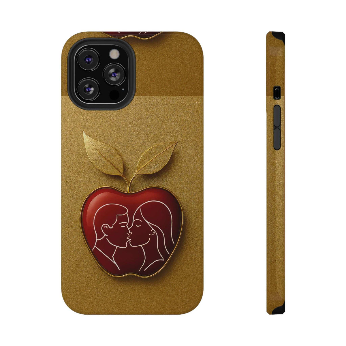 Gold phone case with leaf and red apple-heart couple design; back view plus side