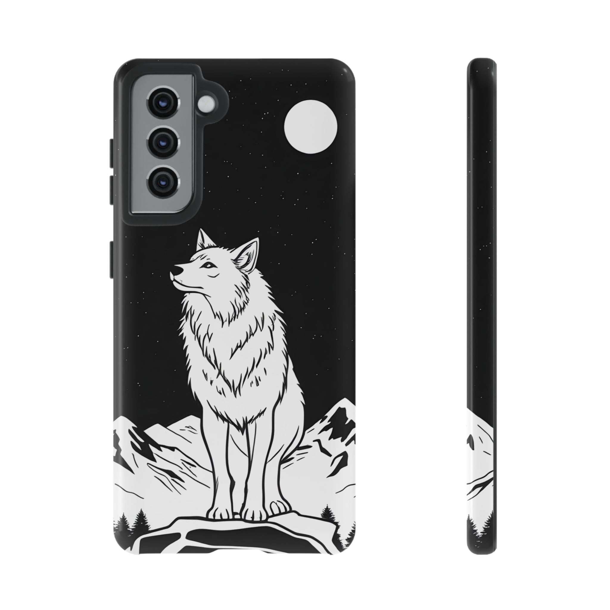 Black phone case with white wolf illustration, starry night pattern, triple camera cutout