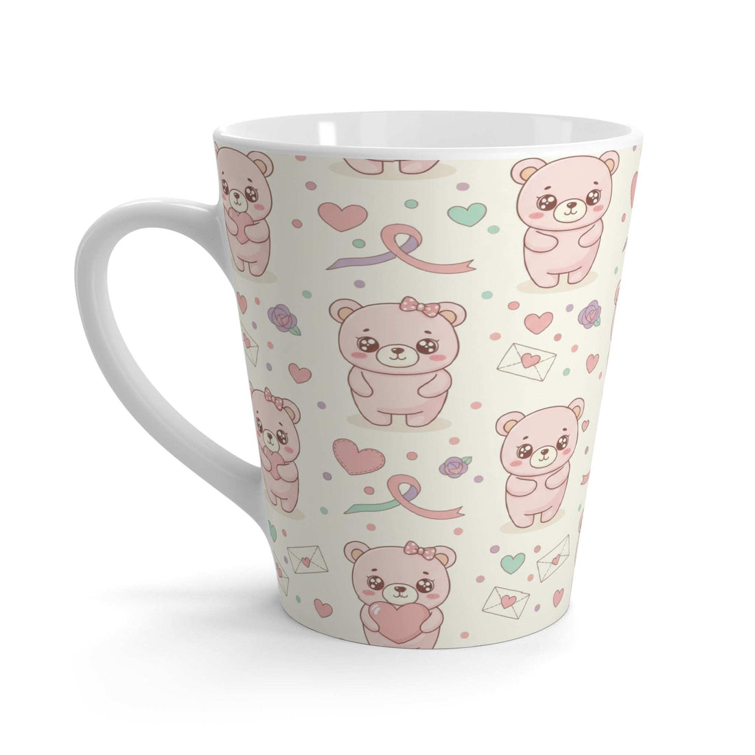 White ceramic latte mug with cute bear pattern, hearts, and ribbons