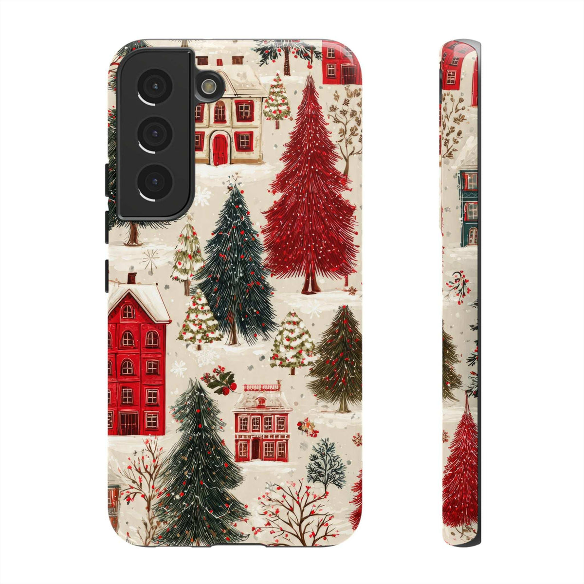 Winter village phone case with tall red trees, snowy buildings, and camera cutouts on the back.
