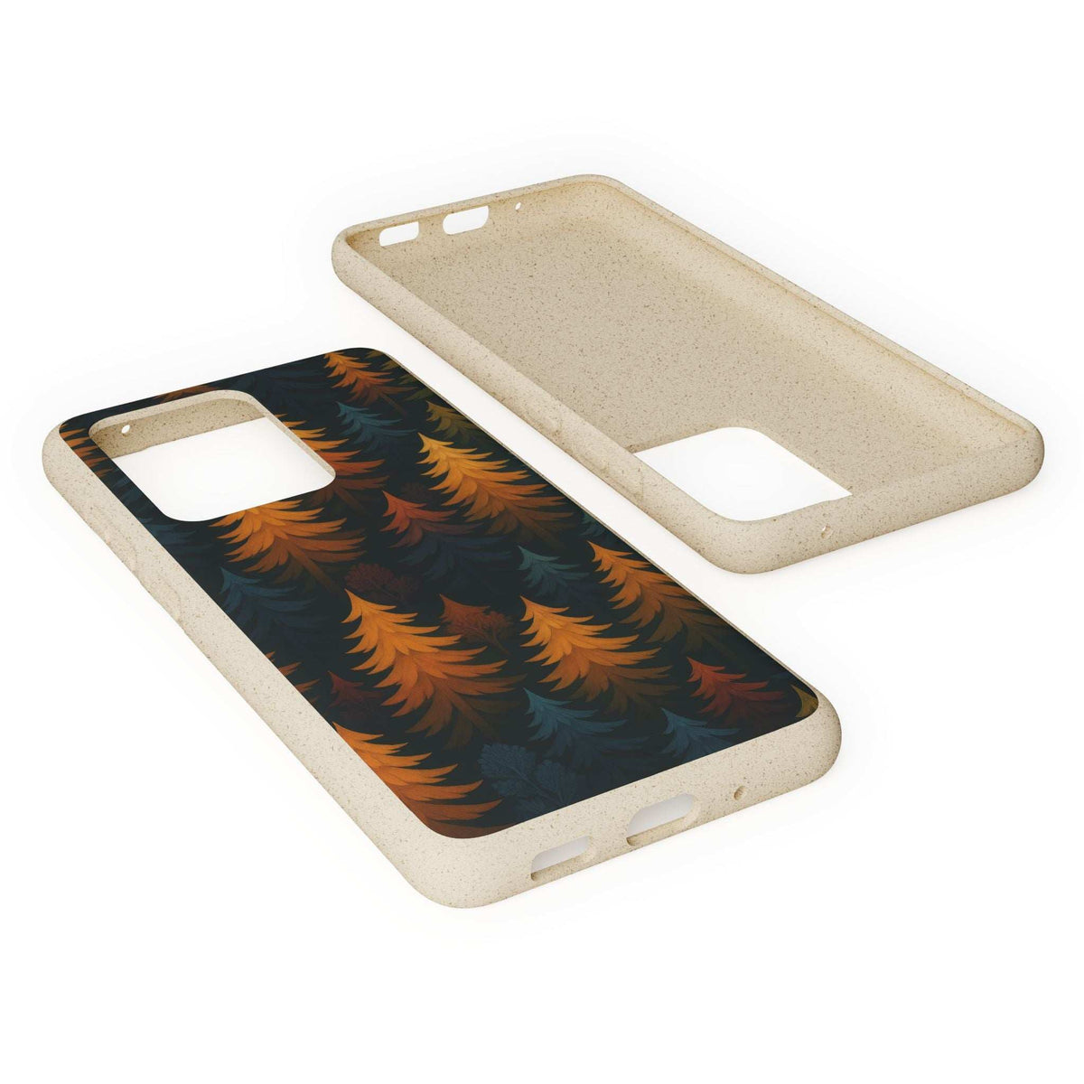 Biodegradable phone case pair with forest tree print and beige back with cutouts