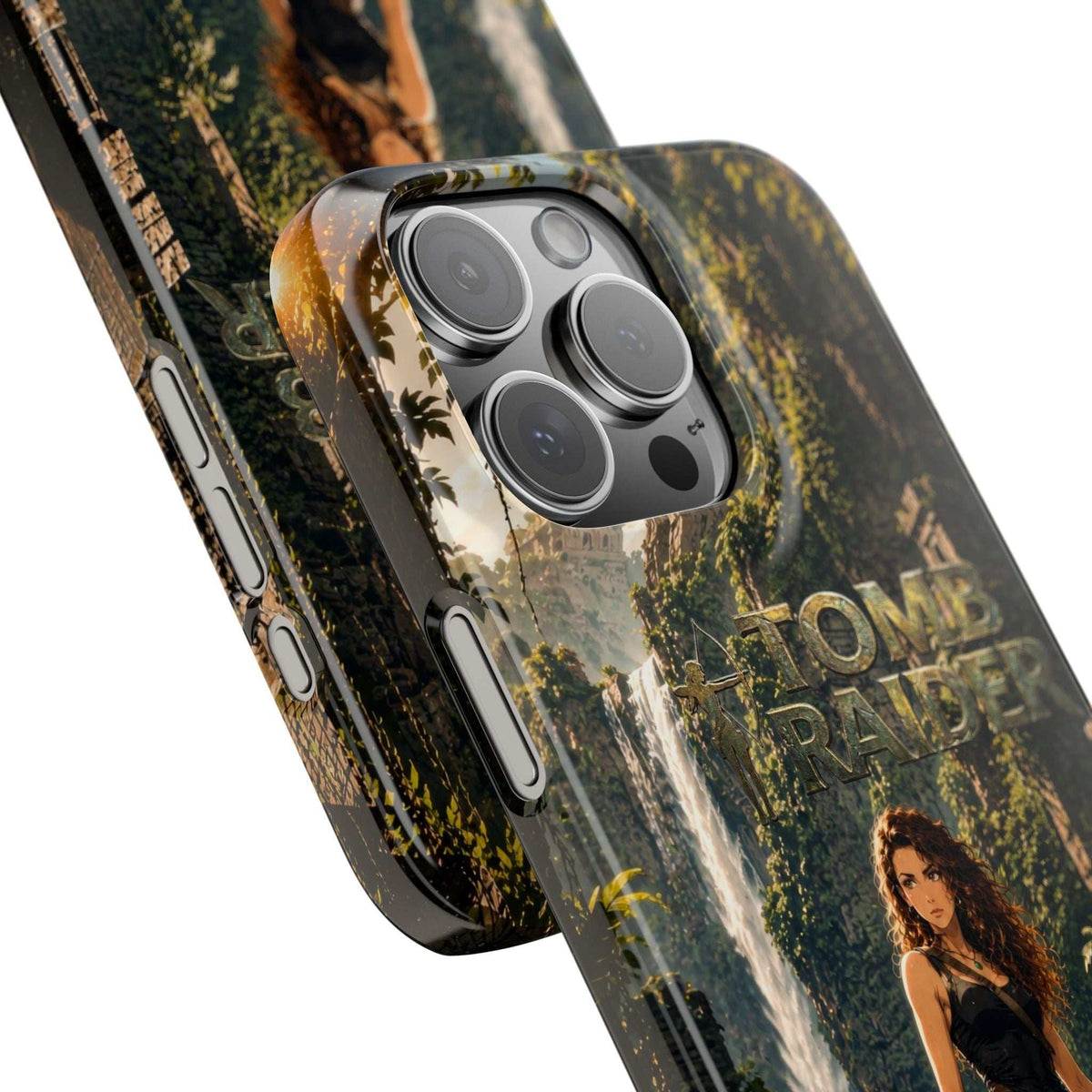 Tomb Raider iPhone 11–17 case with jungle waterfall print, raised camera cutouts