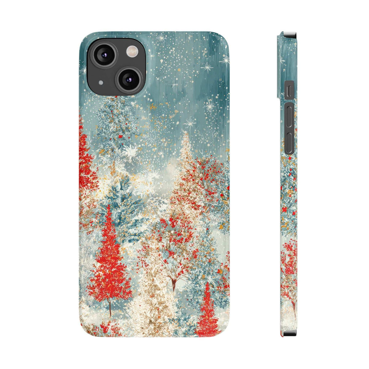 Snowy forest phone case with teal snow sky, red trees, glittering snow particles; side view