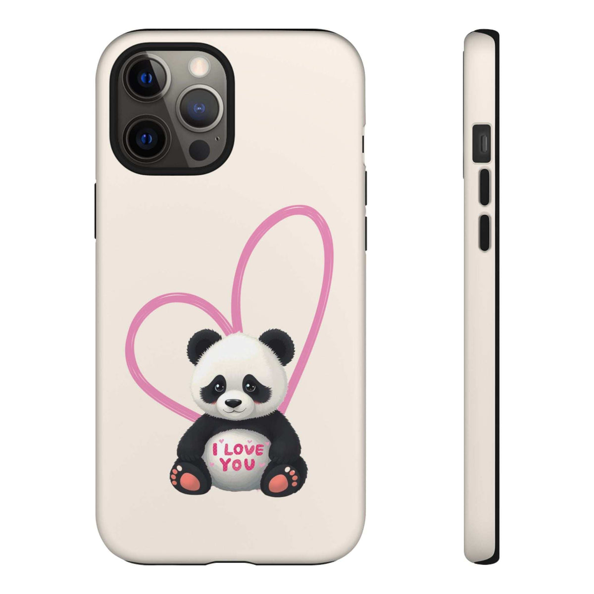 Light cream phone case showing panda in pink heart and “I love you” text, with side ports