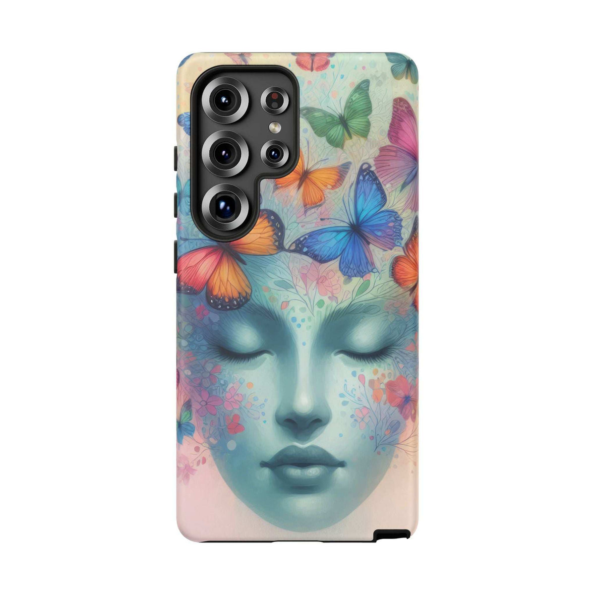 Butterfly floral face phone case with colorful butterflies and triple-lens rear camera cutout