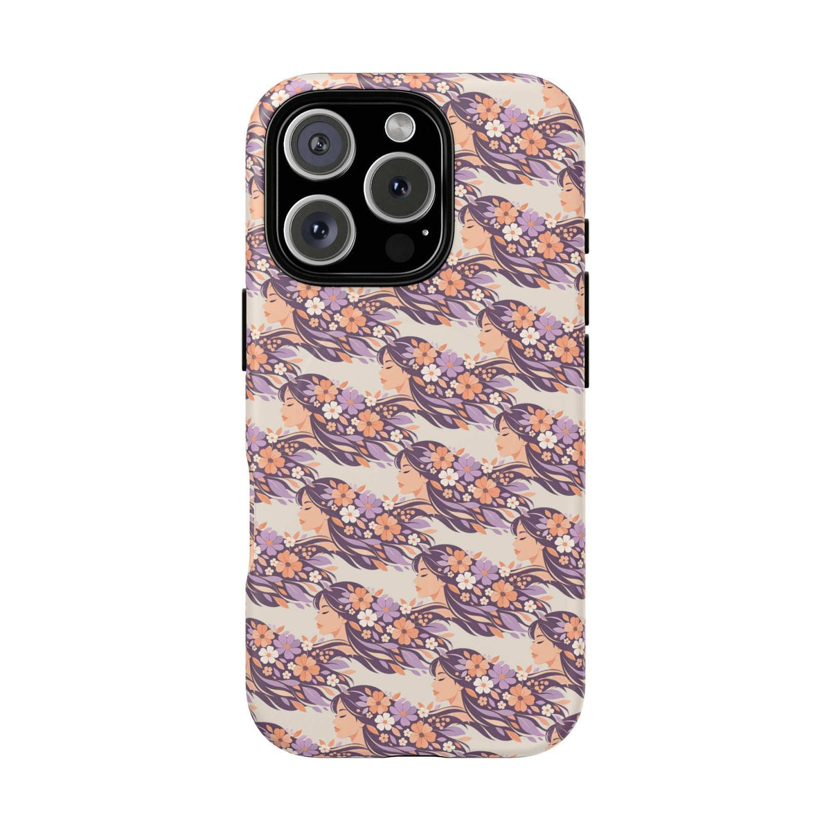 Floral phone case with pink and purple blossoms and swirls, front camera window visible