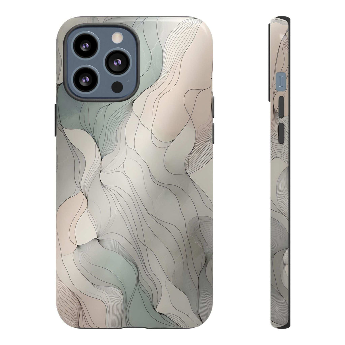 Pastel wave phone case in beige with light blue wavy patterns; side with port cutouts