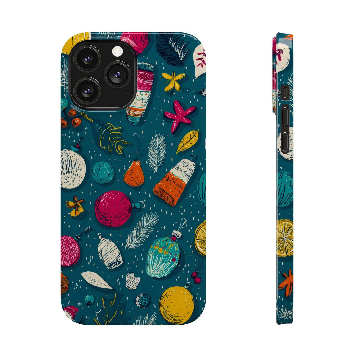 Teal winter-themed phone case back with colorful holiday pattern and camera openings