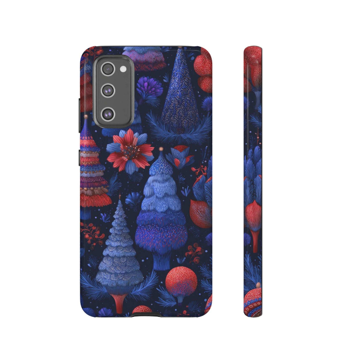 Glossy phone case with midnight blue forest scene, red pine cones, and side profile.