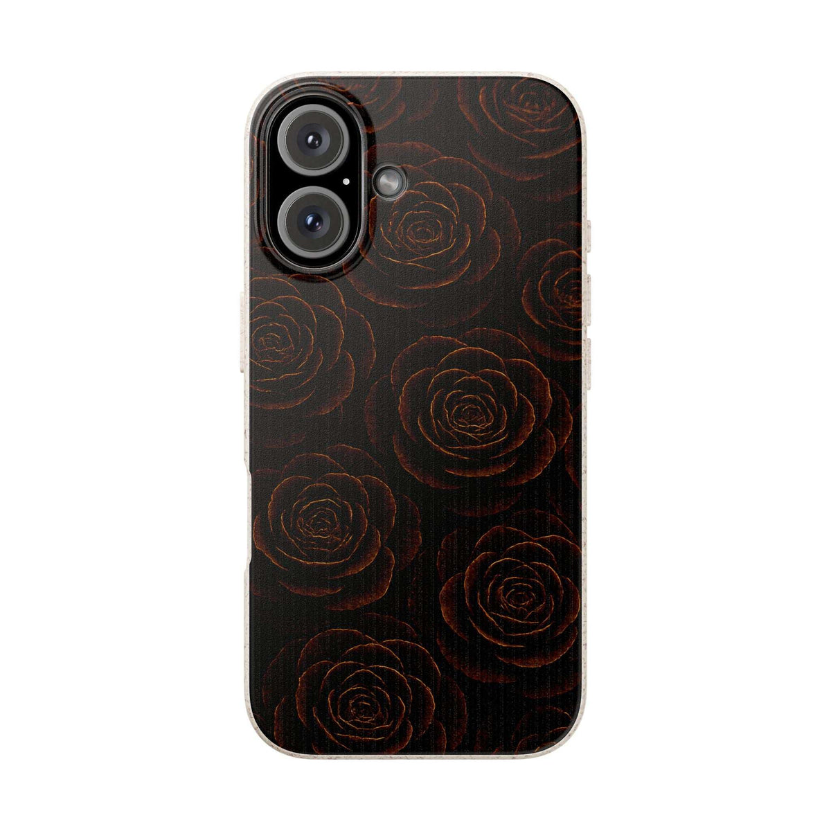 Dark rose-pattern phone case with camera cutouts and side button openings.