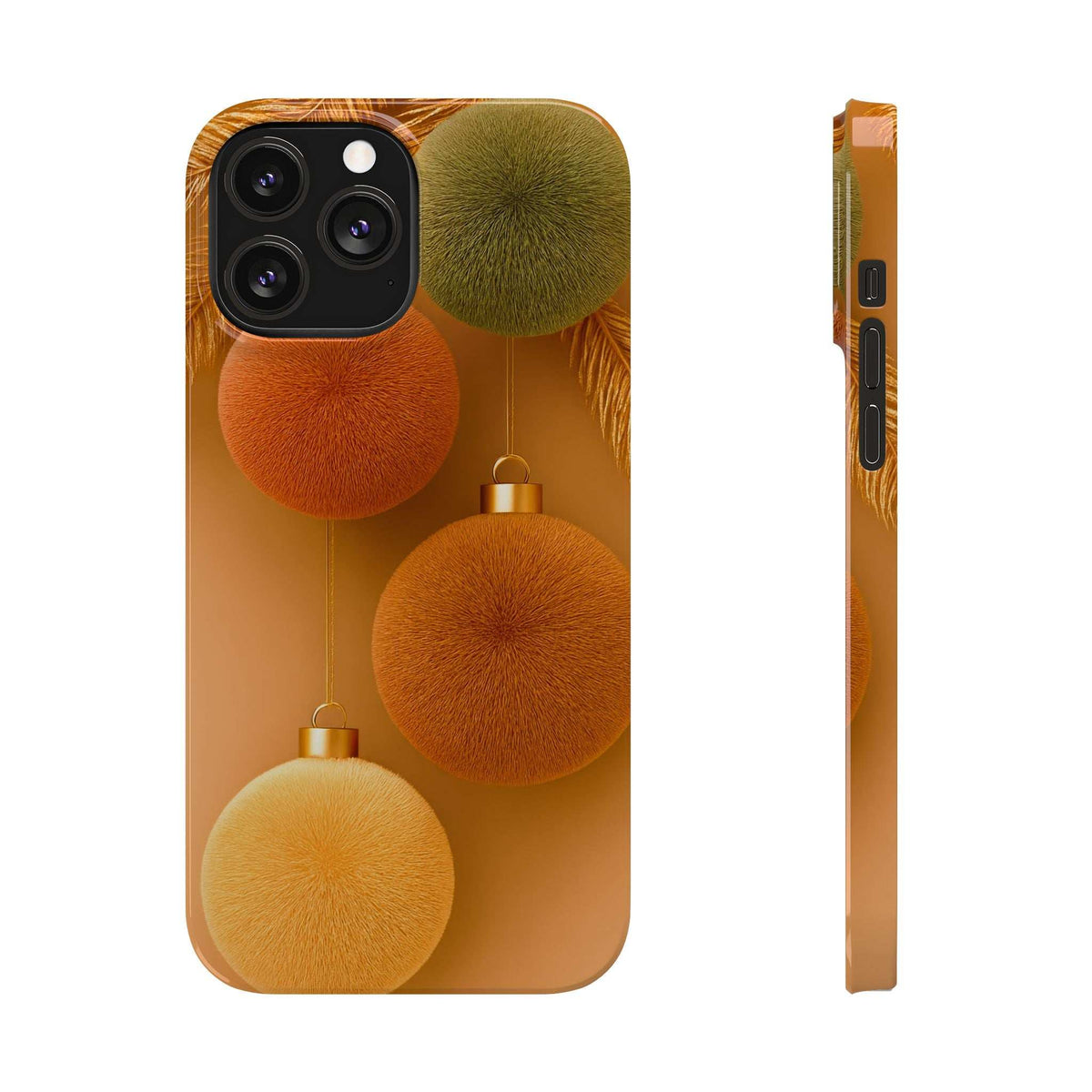Phone case front and side view with orange pom-pom ornament design; camera cutouts visible.