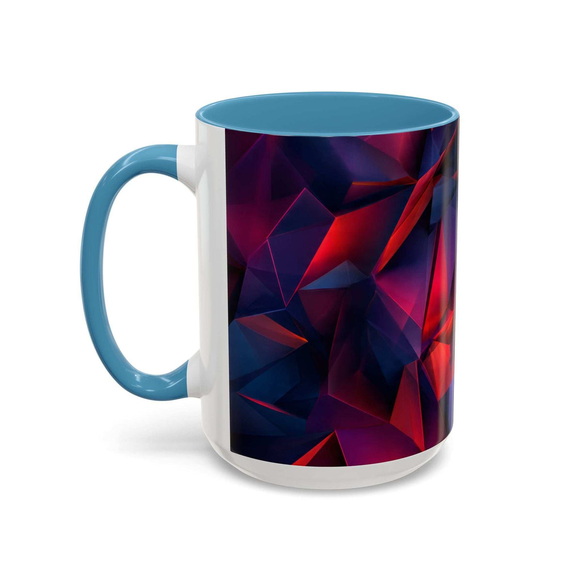 Ceramic mug with light blue rim and left-side handle, white body with red and purple geometric print