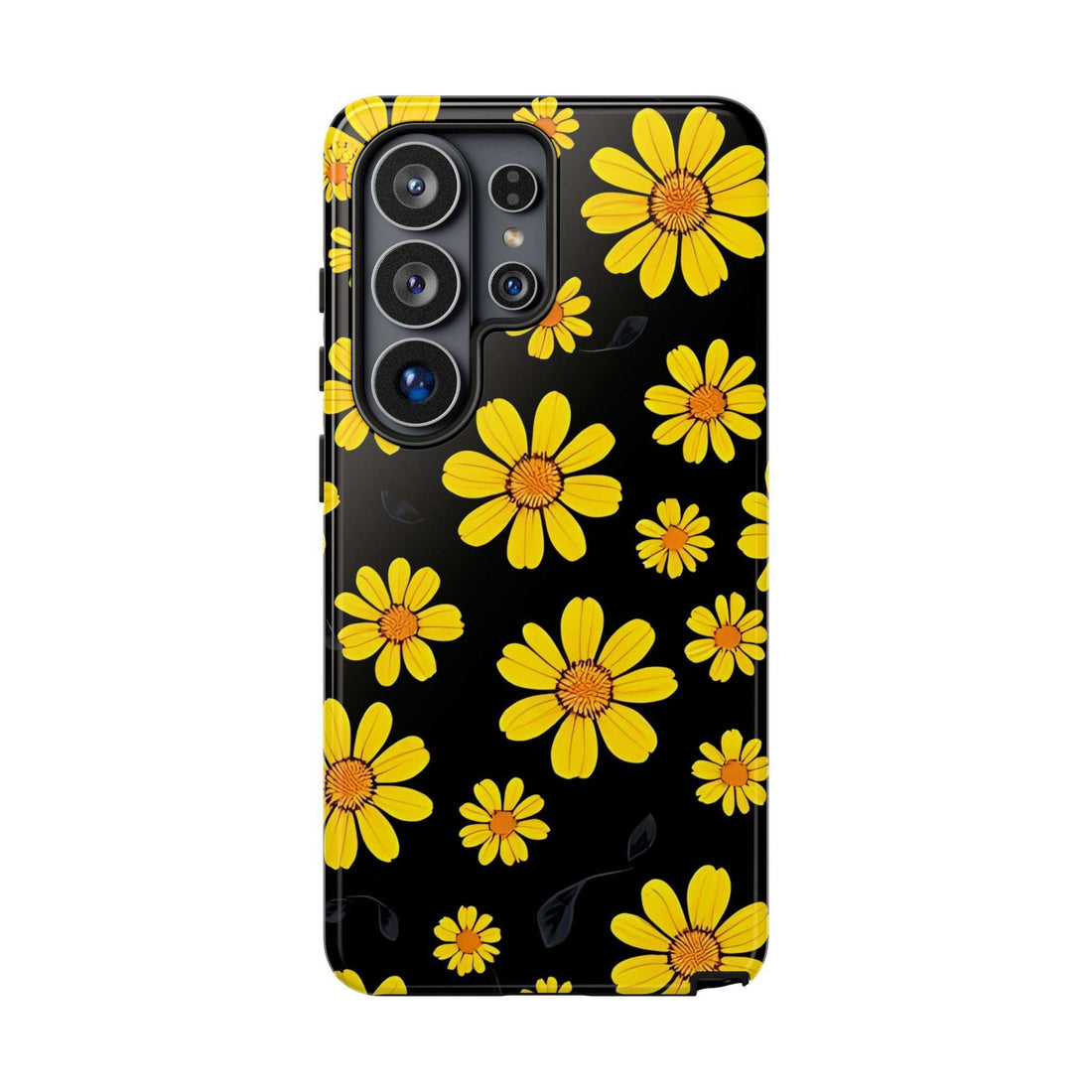 Black phone case with yellow daisy floral pattern and raised camera cutouts